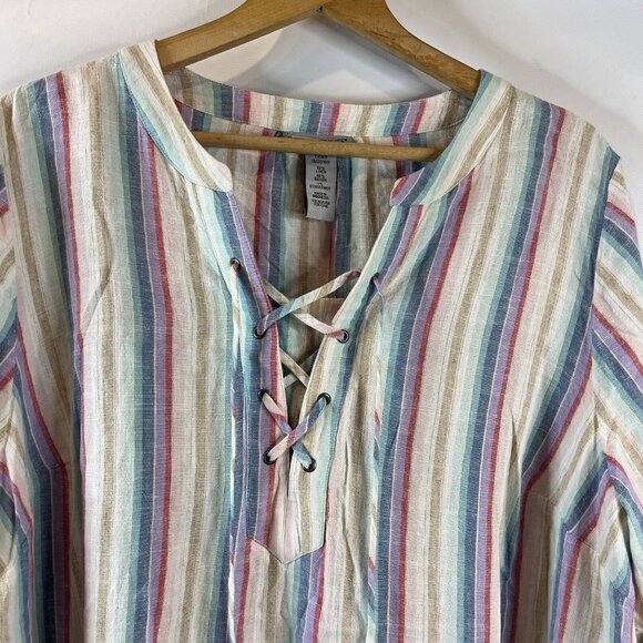 Catherines Womens Linen Tunic Top Size 1XWP Multicolor Striped Pullover - Picture 5 of 10